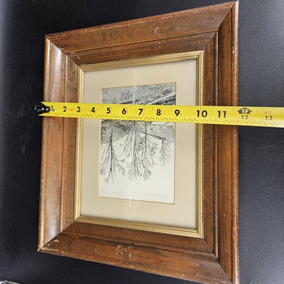 Vintage Lucille Cole Rural Landscape Drawing Framed Art Trees Cabin Signed 14x12 - Picture 10 of 11